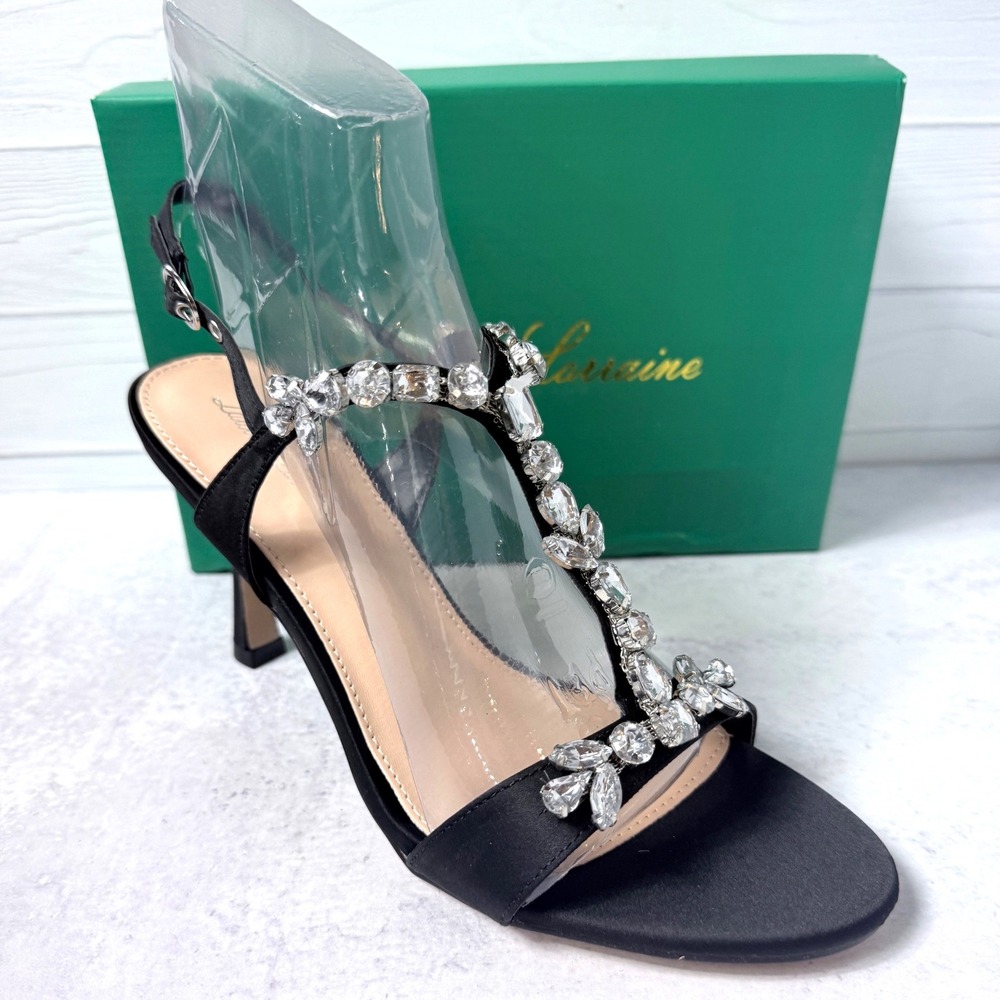 Lauren Lorraine Fay Rhinestone Embellished Black Satin Open‎ Toe Sandals 9.5